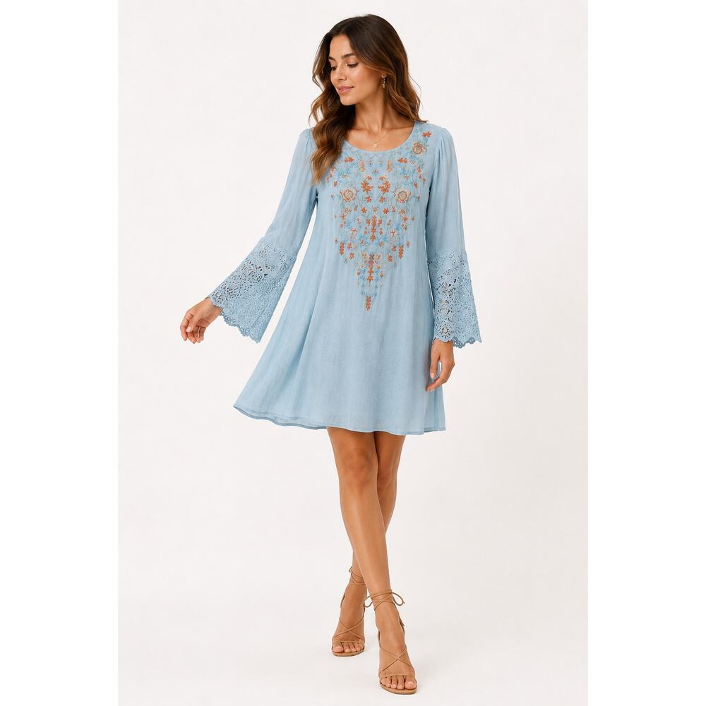 Andre By Unit Dress Women’s Sz M Blue Embroidered Floral Boho Cottagecore NWT